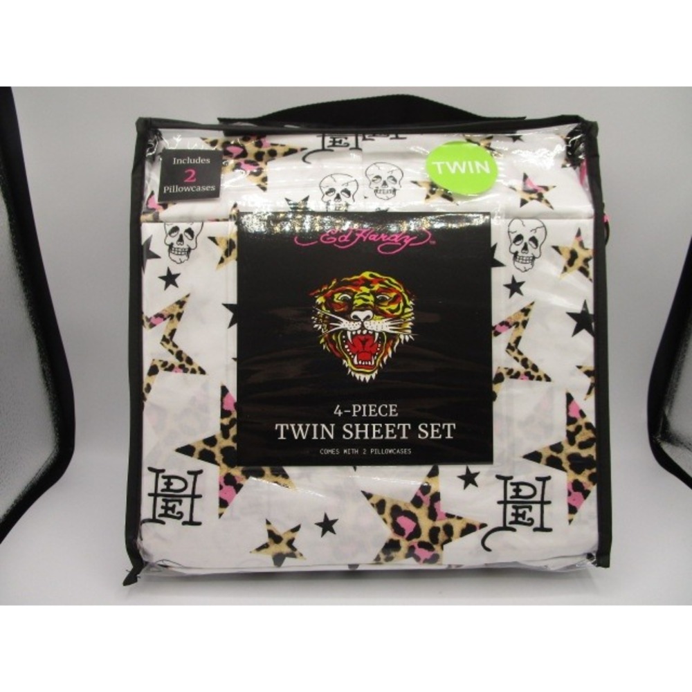 Ed Hardy Twin Sheet Set 4 Piece Leopard Stars White Pink Tattoo Print